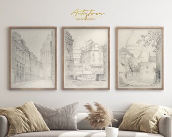 PARIS Cityscapes Pencil DRAWINGS Set of 3 | Parisian FRENCH Street Views Sketch Prints Set | Instant Digital Download | Printable Art | 440