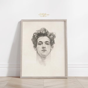 Young MAN Portrait Wall Art Print, Italian Boy Vintage Charcoal SKETCH, DIGITAL Drawing Instant Download Printable People Poster Gift, 348 