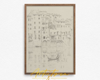 FLORENCE River Pencil DRAWING | Italian TUSCANY Cityscape Art | Vintage Sketch Print | Instant Digital Download | Printable Wall Art | 702