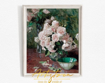 WHITE ROSES Still Life Vintage Art | SPRING Floral Bouquet Wall Decor | Pink Green Print | Instant Digital Download | Printable Art | 638