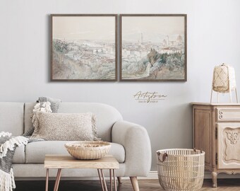 FLORENCE CITYSCAPE Square Vintage Paintings Set of 2 | TUSCANY Landscape Italian Renaissance Print | Digital Download | Printable Art | 479