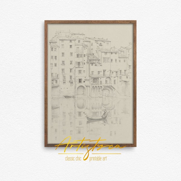 FLORENCE River Pencil DRAWING | Italian TUSCANY Cityscape Art | Vintage Sketch Print | Instant Digital Download | Printable Wall Art | 702