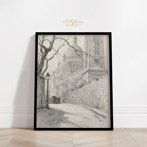 PARIS Cityscape Vintage Pencil DRAWING Wall Art, Parisian Street View Sketch Print, French Montmartre Printable Poster DOWNLOAD Gift, 692