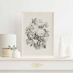 ROSES BOUQUET Vintage Pencil DRAWING Wall Art Print, Floral Bunch Digital Art Sketch, Flowers Room Decor Poster, Printable Gift Download 689