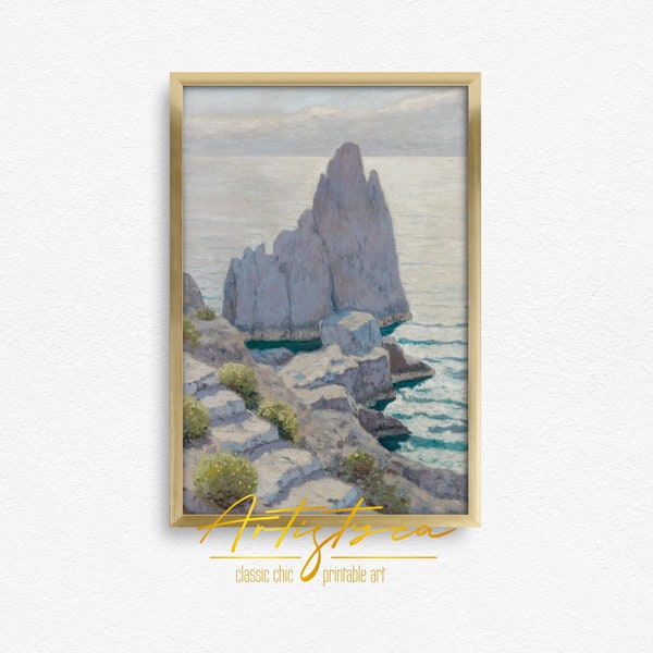 ITALIAN SUMMER Seascape Old Painting | Mediterranean Island Print | CAPRI Rocks Italian Art Print | Instant Download | Printable Art | 754