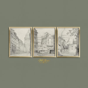 PARIS Vintage Wall Art, PARIS Digital Print, PARIS Pencil Sketch, Print Set of 3, French Home Decor, Paris Printable Drawing, Download, 440