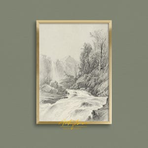 MOUNTAIN WATERFALL VINTAGE PENCIL DRAWING, MOUNTAIN WATERFALL SKETCH DIGITAL WALL ART PRINT, MOUNTAIN WATERFALL MUTE NEUTRAL POSTER, MOUNTAIN WATERFALL COTTAGE HOME DECOR, MOUNTAIN SKETCH PRINTABLE WALL ART, GIFT FOR HER, WOMAN BEDROOM PRINT, FARMHOUSE RUSTIC DRAWING POSTER, MOUNTAIN WATERFALL RETRO AESTHETIC APARTMENT DECOR, NATURE LOVER WALL ART GIFT, GIFT FOR HIM, MOUNTAIN LANDSCAPE INSTANT DOWNLOAD PRINT, MUTED MOUNTAIN DRAWING FARMHOUSE HOME DECOR, MOUNTAIN VINTAGE SKETCH HOUSEWARMING PRINT