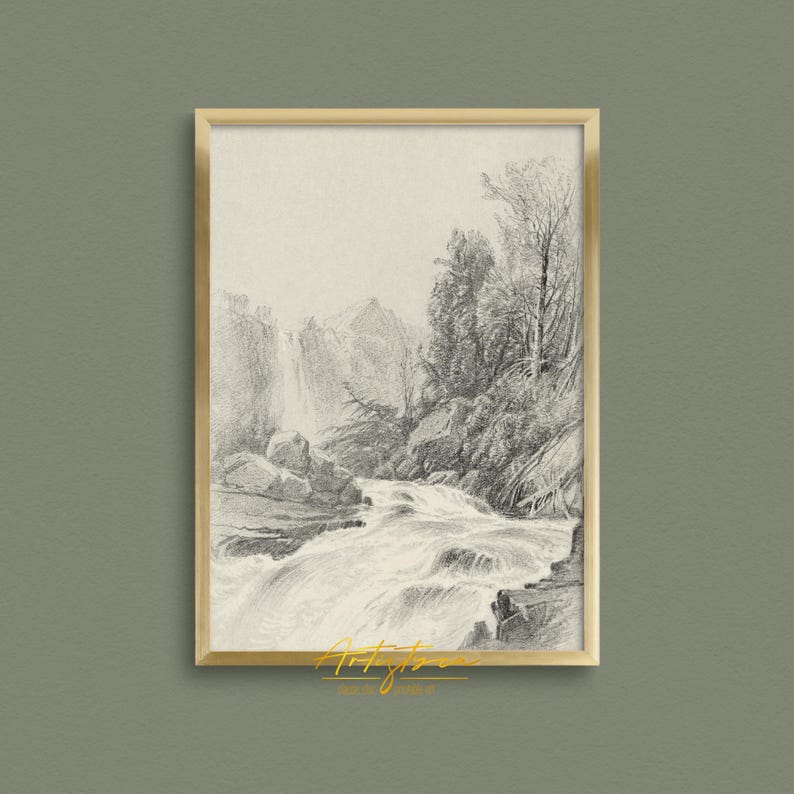 MOUNTAIN WATERFALL VINTAGE PENCIL DRAWING, MOUNTAIN WATERFALL SKETCH DIGITAL WALL ART PRINT, MOUNTAIN WATERFALL MUTE NEUTRAL POSTER, MOUNTAIN WATERFALL COTTAGE HOME DECOR, MOUNTAIN SKETCH PRINTABLE WALL ART, GIFT FOR HER, WOMAN BEDROOM PRINT, FARMHOUSE RUSTIC DRAWING POSTER, MOUNTAIN WATERFALL RETRO AESTHETIC APARTMENT DECOR, NATURE LOVER WALL ART GIFT, GIFT FOR HIM, MOUNTAIN LANDSCAPE INSTANT DOWNLOAD PRINT, MUTED MOUNTAIN DRAWING FARMHOUSE HOME DECOR, MOUNTAIN VINTAGE SKETCH HOUSEWARMING PRINT