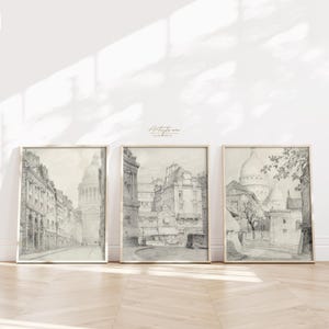 PARIS DRAWING Wall Art 3 Piece Print Set, FRENCH Parisian Cityscape Digital Vintage Sketch Printable Room Decor Christmas Gift Download, 440