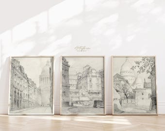 PARIS DRAWING Wall Art 3 Piece Print Set, FRENCH Parisian Cityscape Digital Vintage Sketch Printable Room Decor Christmas Gift Download, 440