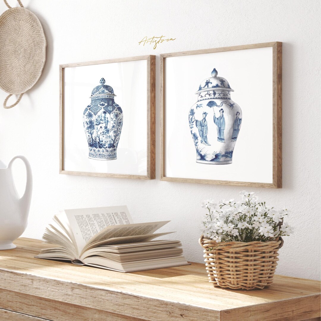 CHINOISERIE Vase 2 Neutral Print Set Retro Apt Wall Art White Blue ...