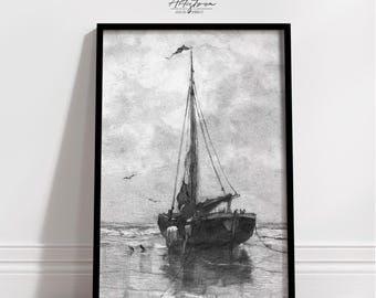 SAILING Boat Print, Vintage Drawing, SAILING Boat Poster, Moody Wall Art, SAILING Boat Sketch, Moody Nautical Print, Digital Download, 806