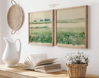 Green Country LANDSCAPE, Two WATERCOLOR Square Print, 2 Countryside Digital Square Poster, Vintage Gallery Wall Art, Home Decor Download 446