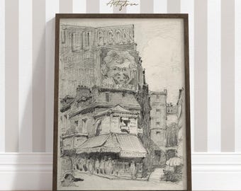PARIS Street View Vintage Sketch Paris Neutral Poster FRENCH Apt Wall Art Paris Pencil Drawing PARIS Cityscape Digital Retro Wall Art, 691