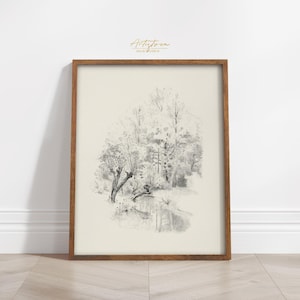 FOREST Pencil Sketch, Vintage Wall Art, Digital Sketch Print, TREES Landscape, WOODLAND Home Decor, Forest Poster Gift, Instant Download 696