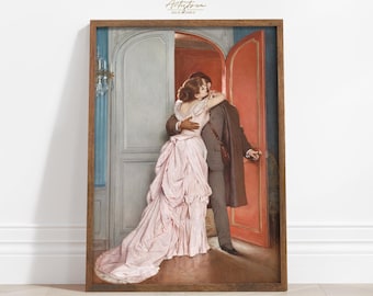 Puede incluir: Una pintura de una pareja abrazándose en una puerta. La mujer lleva un vestido rosa y el hombre lleva un traje oscuro. La puerta está abierta y hay una puerta roja detrás de ellos.