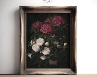 May include: A framed floral painting featuring pink rhododendrons and white camellias against a dark background. The artwork is in a decorative, ornate wooden frame, and the text "Artistryca" is visible in the top right corner.