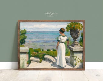 SUMMER Seascape, Vintage Wall Art, Marine Landscape, Woman BEACH Poster, VICTORIAN Painting, Retro Digital Print, Instant Download Art, 898