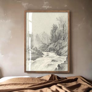 MOUNTAIN WATERFALL VINTAGE PENCIL DRAWING, MOUNTAIN WATERFALL SKETCH DIGITAL WALL ART PRINT, MOUNTAIN WATERFALL MUTE NEUTRAL POSTER, MOUNTAIN WATERFALL COTTAGE HOME DECOR, MOUNTAIN SKETCH PRINTABLE WALL ART, GIFT FOR HER, WOMAN BEDROOM PRINT, FARMHOUSE RUSTIC DRAWING POSTER, MOUNTAIN WATERFALL RETRO AESTHETIC APARTMENT DECOR, NATURE LOVER WALL ART GIFT, GIFT FOR HIM, MOUNTAIN LANDSCAPE INSTANT DOWNLOAD PRINT, MUTED MOUNTAIN DRAWING FARMHOUSE HOME DECOR, MOUNTAIN VINTAGE SKETCH HOUSEWARMING PRINT