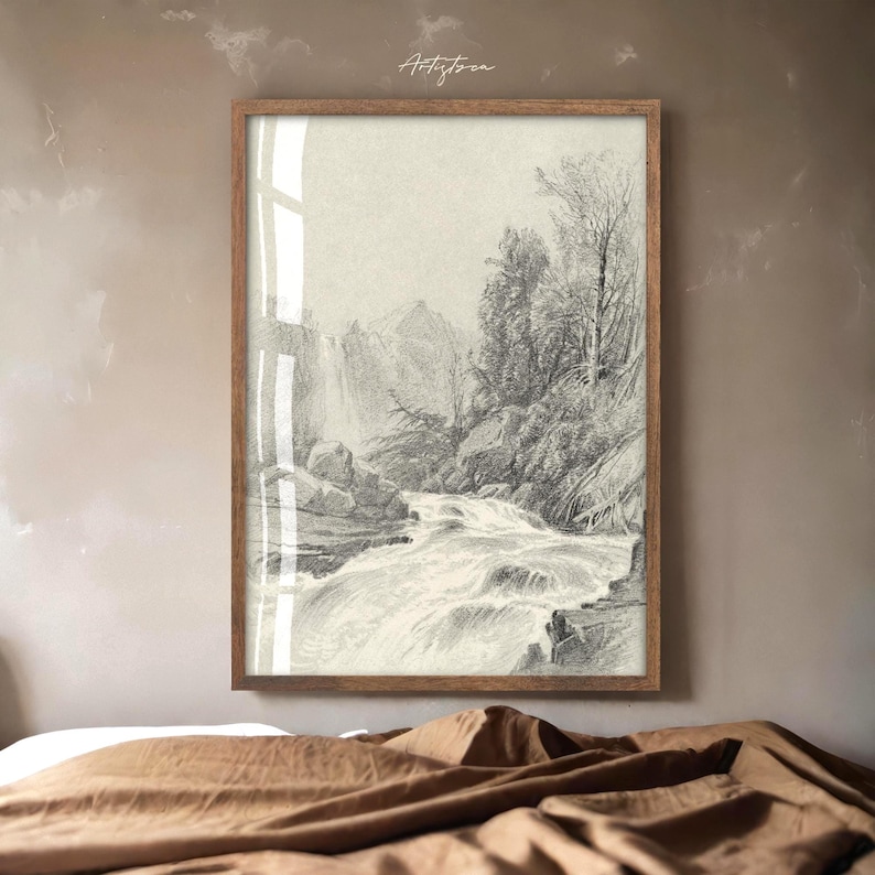 MOUNTAIN WATERFALL VINTAGE PENCIL DRAWING, MOUNTAIN WATERFALL SKETCH DIGITAL WALL ART PRINT, MOUNTAIN WATERFALL MUTE NEUTRAL POSTER, MOUNTAIN WATERFALL COTTAGE HOME DECOR, MOUNTAIN SKETCH PRINTABLE WALL ART, GIFT FOR HER, WOMAN BEDROOM PRINT, FARMHOUSE RUSTIC DRAWING POSTER, MOUNTAIN WATERFALL RETRO AESTHETIC APARTMENT DECOR, NATURE LOVER WALL ART GIFT, GIFT FOR HIM, MOUNTAIN LANDSCAPE INSTANT DOWNLOAD PRINT, MUTED MOUNTAIN DRAWING FARMHOUSE HOME DECOR, MOUNTAIN VINTAGE SKETCH HOUSEWARMING PRINT
