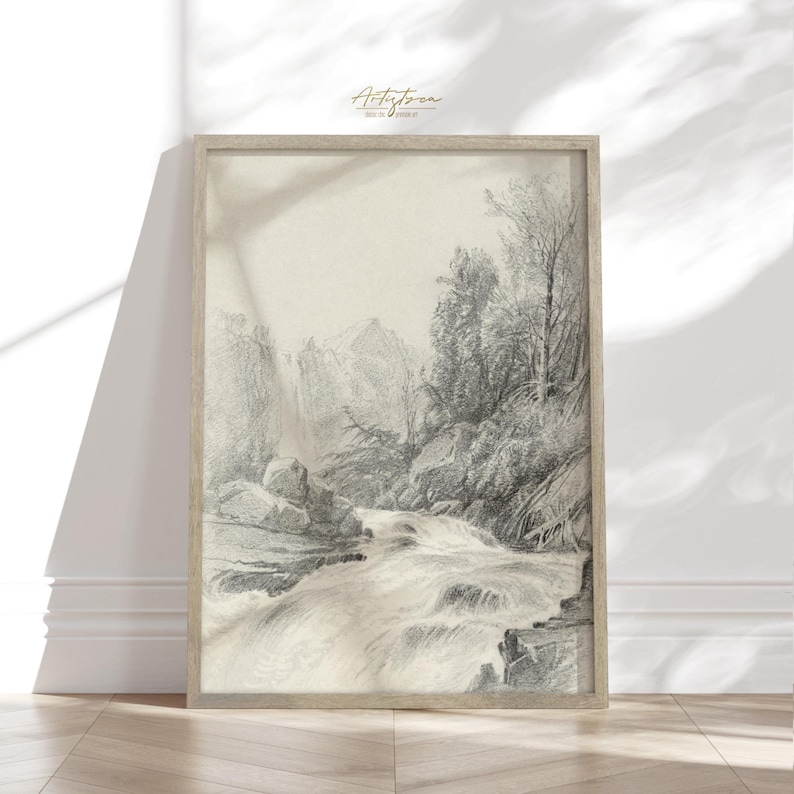 MOUNTAIN WATERFALL VINTAGE PENCIL DRAWING, MOUNTAIN WATERFALL SKETCH DIGITAL WALL ART PRINT, MOUNTAIN WATERFALL MUTE NEUTRAL POSTER, MOUNTAIN WATERFALL COTTAGE HOME DECOR, MOUNTAIN SKETCH PRINTABLE WALL ART, GIFT FOR HER, WOMAN BEDROOM PRINT, FARMHOUSE RUSTIC DRAWING POSTER, MOUNTAIN WATERFALL RETRO AESTHETIC APARTMENT DECOR, NATURE LOVER WALL ART GIFT, GIFT FOR HIM, MOUNTAIN LANDSCAPE INSTANT DOWNLOAD PRINT, MUTED MOUNTAIN DRAWING FARMHOUSE HOME DECOR, MOUNTAIN VINTAGE SKETCH HOUSEWARMING PRINT