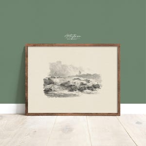 WATERFALL Vintage Wall Art, WATERFALL Digital Print, Cottage Home Decor, Mute Landscape Pencil Sketch, Neutral Wall Art Instant Download 723