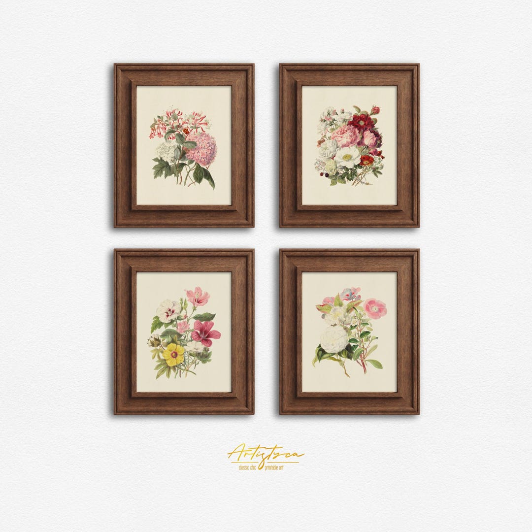 Digital Flower BOUQUET Retro Botanical Wall Art 4 MATCHING Print Set ...