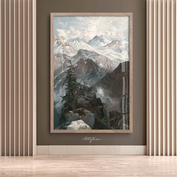 絵画 Winter Mountain WINTER Mountain Poster Vintage Wall Art Snowy MOUNTAIN Neutral