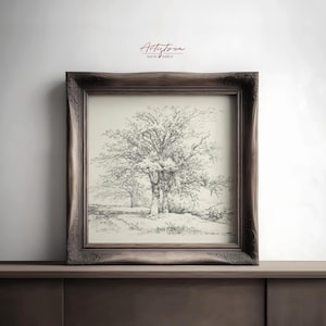 TREE Drawing Print, Woodland Wall Art, Tree Pencil SKETCH, Muted Rustic Print, Vintage Poster, Cottage Wall Art, Digital Art DOWNLOAD, 146