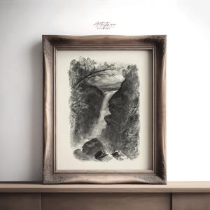 MOUNTAIN Waterfall, Vintage Pencil Sketch, Digital Wall Art, Moody Mountain Print, Mountain WATERFALL, MOUNTAIN Poster, Instant Download 728