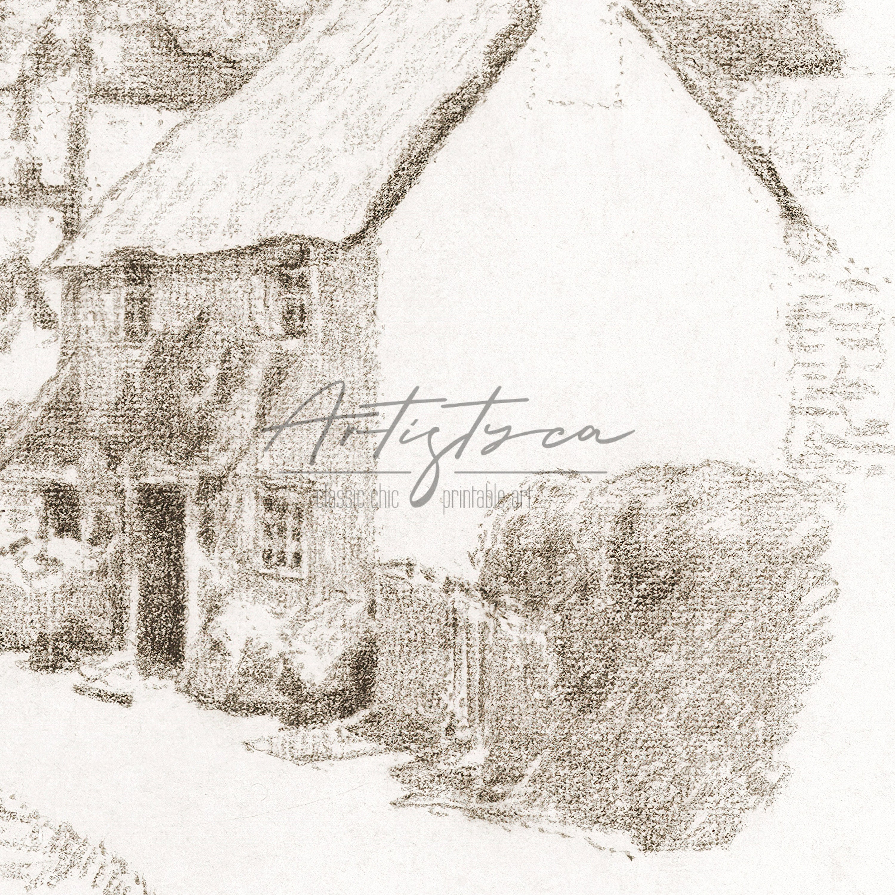 COTTAGE Vintage DRAWING COUNTRY Landscape Print Countryside Rustic Old ...
