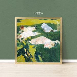 May include: A painting depicting four figures reclining on a grassy field. The figures are dressed in white and are surrounded by verdant grass. The painting is executed in a loose, impressionistic style.