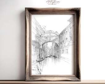 VENICE Pencil Sketch Vintage Wall Art Venice Neutral Print Venice Cityscape ITALIAN Retro Poster Venice ARCHITECTURE Digital Download, 838