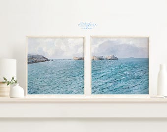 Blue SEASCAPE, 2 Prints Set, MARINE Landscape, Vintage Painting, COASTAL Wall Art, Blue Sea Poster, Beach Home Decor, Digital Download, 893