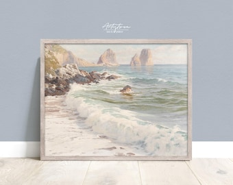 ITALIAN Beach Print, Vintage Wall Art, Printable Painting, MEDITERRANEAN Seascape, CAPRI Coastal Print, Summer Beach, Digital Download, 752