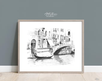 May include: Black and white pencil drawing of a bridge over a canal in Venice, Italy. The drawing shows buildings on either side of the canal, with a gondola in the water.