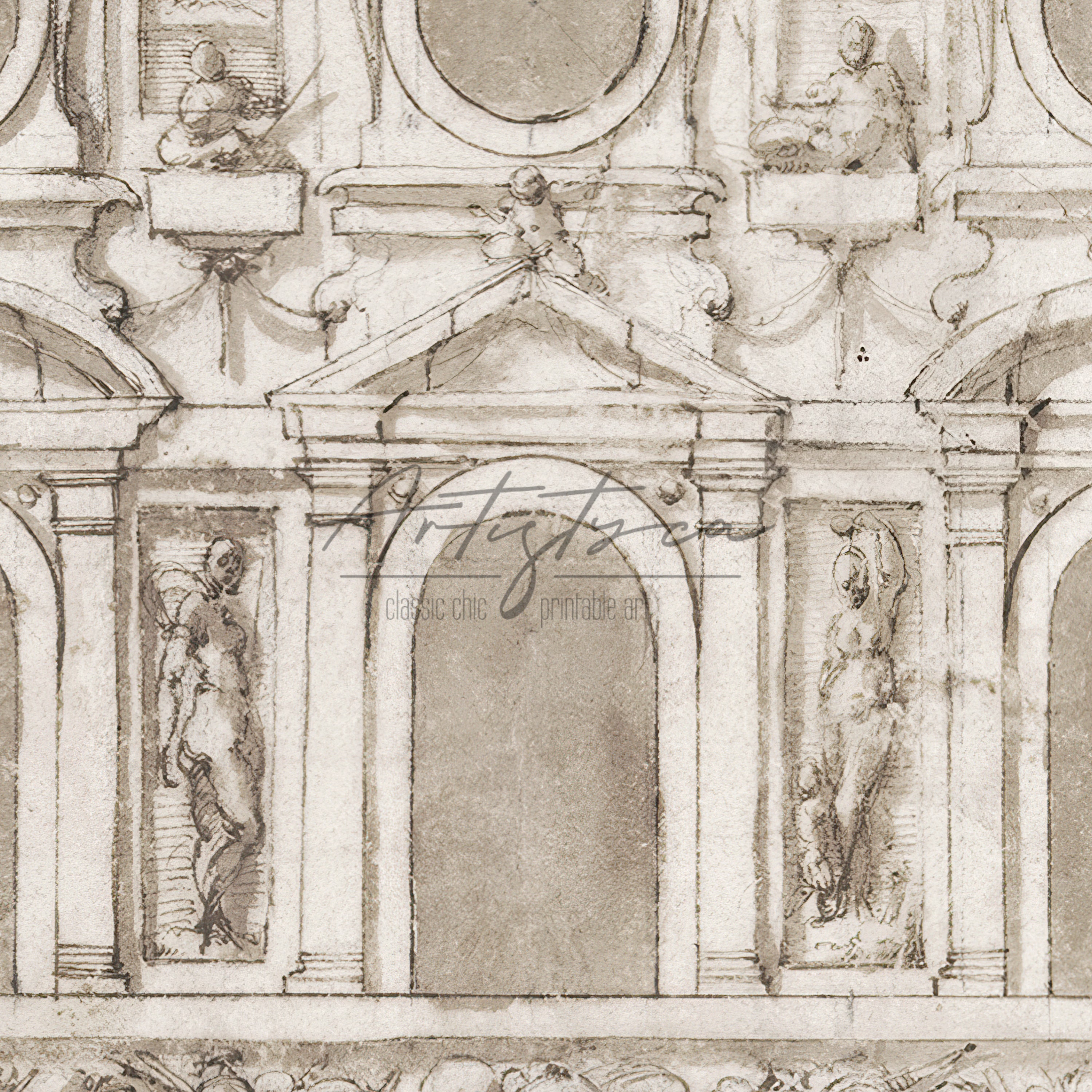 ITALIAN ARCHITECTURE Ink Watercolour Antique Drawing RENAISSANCE ...