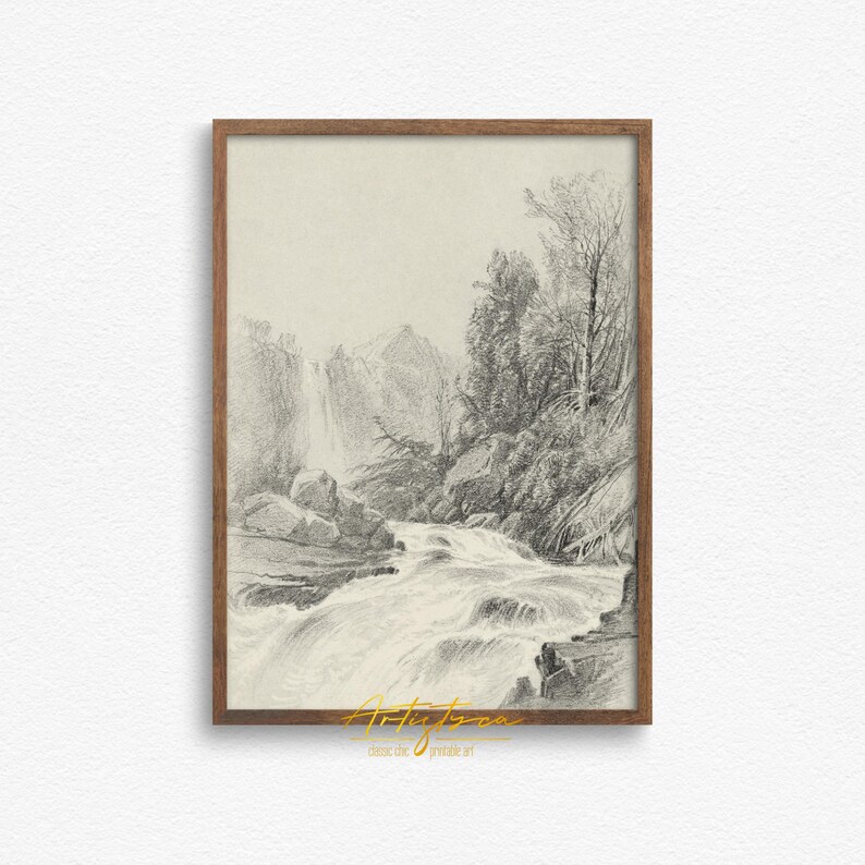 MOUNTAIN WATERFALL VINTAGE PENCIL DRAWING, MOUNTAIN WATERFALL SKETCH DIGITAL WALL ART PRINT, MOUNTAIN WATERFALL MUTE NEUTRAL POSTER, MOUNTAIN WATERFALL COTTAGE HOME DECOR, MOUNTAIN SKETCH PRINTABLE WALL ART, GIFT FOR HER, WOMAN BEDROOM PRINT, FARMHOUSE RUSTIC DRAWING POSTER, MOUNTAIN WATERFALL RETRO AESTHETIC APARTMENT DECOR, NATURE LOVER WALL ART GIFT, GIFT FOR HIM, MOUNTAIN LANDSCAPE INSTANT DOWNLOAD PRINT, MUTED MOUNTAIN DRAWING FARMHOUSE HOME DECOR, MOUNTAIN VINTAGE SKETCH HOUSEWARMING PRINT