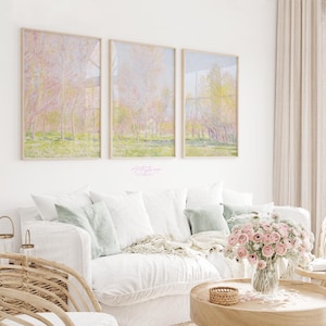 SPRING FOREST Printable Wall Art, Digital Print Set of 3, Spring Trees Landscape Poster, Pink Green Living Room Decor, Instant Download, 539