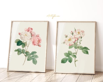 ROSE Flower Bouquets, 2 Floral Prints Set, Retro BOTANICAL Art, Digital Gallery Set, Neutral Wall Art, Spring Matching Prints, DOWNLOAD, 914