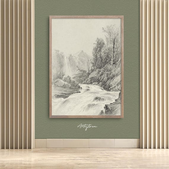 WATERFALL Pencil Sketch Moody MOUNTAIN Poster Rustic Wall Art Vintage Drawing Cottage Retro Poster Mountain Wall Art Digital DOWNLOAD, 347