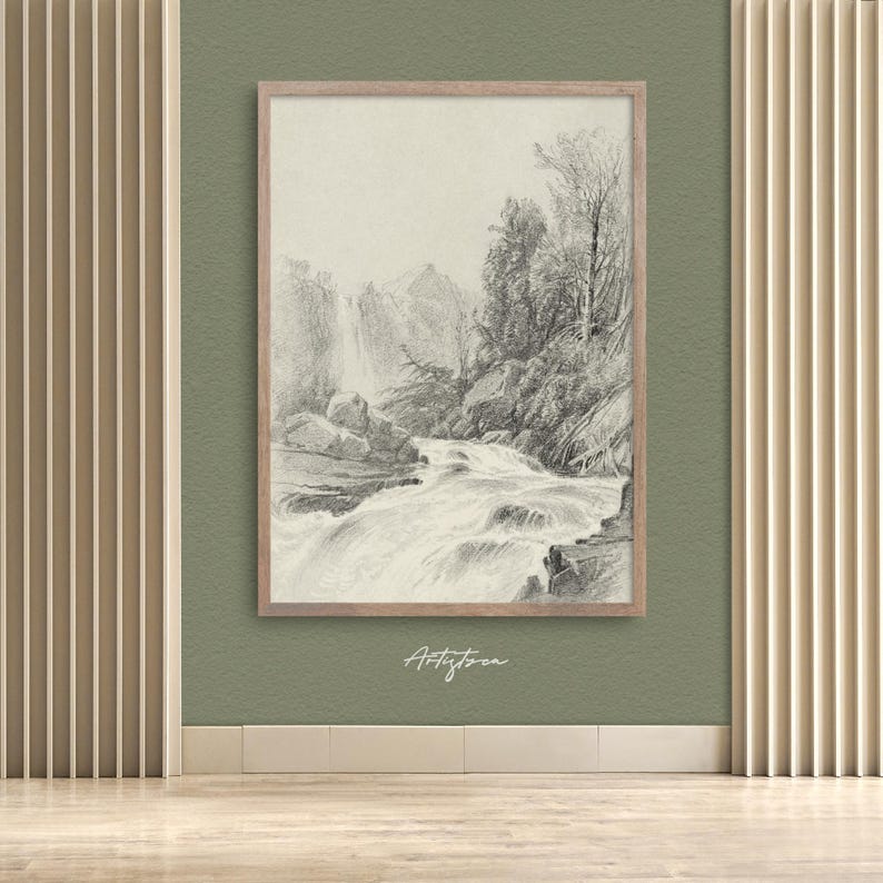 MOUNTAIN WATERFALL VINTAGE PENCIL DRAWING, MOUNTAIN WATERFALL SKETCH DIGITAL WALL ART PRINT, MOUNTAIN WATERFALL MUTE NEUTRAL POSTER, MOUNTAIN WATERFALL COTTAGE HOME DECOR, MOUNTAIN SKETCH PRINTABLE WALL ART, GIFT FOR HER, WOMAN BEDROOM PRINT, FARMHOUSE RUSTIC DRAWING POSTER, MOUNTAIN WATERFALL RETRO AESTHETIC APARTMENT DECOR, NATURE LOVER WALL ART GIFT, GIFT FOR HIM, MOUNTAIN LANDSCAPE INSTANT DOWNLOAD PRINT, MUTED MOUNTAIN DRAWING FARMHOUSE HOME DECOR, MOUNTAIN VINTAGE SKETCH HOUSEWARMING PRINT