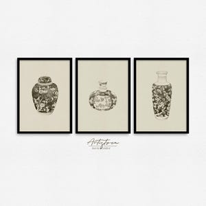 3 CHINESE Vase Set, Mute CHINOISERIE Gallery Wall Art, Print Set of 3, Three Vintage Watercolor Poster, CHINOISERIE Art Digital Download 441