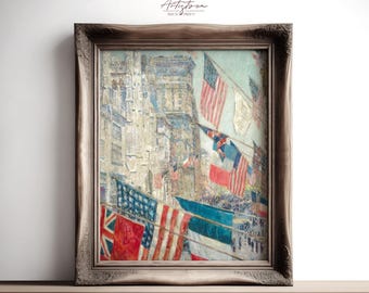 NEW YORK Street View Vintage Apt Wall Art Neutral Painting Retro American Art New York City Poster NYC Parade Flags Digital Download, J65