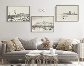 DESERT Sketch Retro Wall Art 3 Matching Print Set ARIZONA Desert Poster SOUTHWEST Gallery Set Desert Digital Print Living Room Wall Art, 553