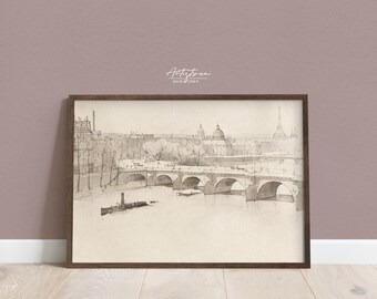 PARIS Skyline Print, Paris River Poster, PARIS Architecture, Apt Digital Poster, Paris Wall Art, FRENCH Retro Poster, Neutral Wall Art, 892