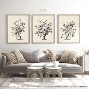 FLOWER BOUQUET, Vintage Wall Art, Print Set of 3, Digital Print, FLORAL Bunch Poster, Flower Vase Sketch, Printable Wall Art, Download, 483