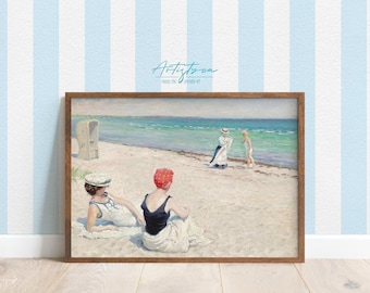 BEACH Women Bathers Summer SEASCAPE Vintage Painting Sandy Beach Poster Sunbathers Ladies Print Digital Wall Art White Seaside DOWNLOAD, 739
