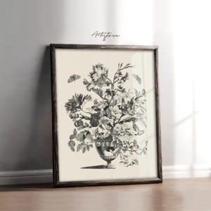 FLOWER BOUQUET Wall Art, Mute Neutral DRAWING Print, Floral Bunch Vintage Sketch, Botanical Print Gift, Flower Bouquet Digital Download, 653