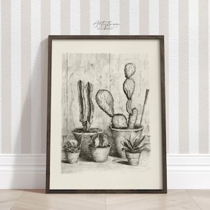 CACTUS Vase Sketch, Botanical Print, Cacti Digital Art, Vintage Wall Art, Cottage Retro Poster, RUSTIC Wall Art, Cactus Print, DOWNLOAD, 870